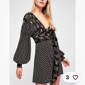 NWT FREE PEOPLE “WONDERLAND” BLACK FLORAL COMBO MINI DRESS SZ MED $128
